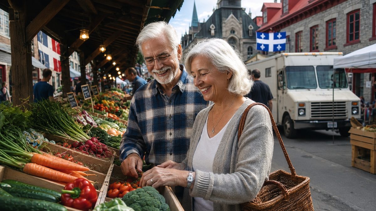 Un couple d'aînés souriants choisit des légumes frais à un marché public du Québec, drapeau québécois en arrière-plan.