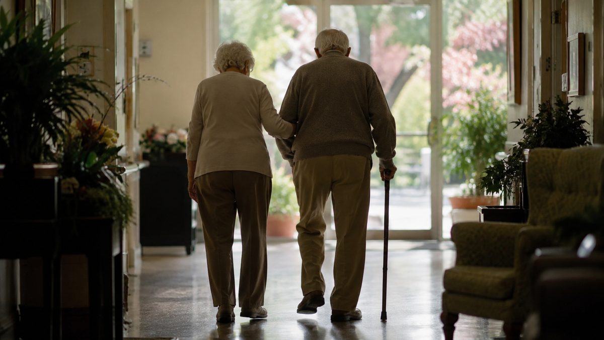 Un couple âgé vu de dos marche bras dessus bras dessous dans un corridor de résidence vers la porte du jardin, l'homme s'appuyant sur une canne.