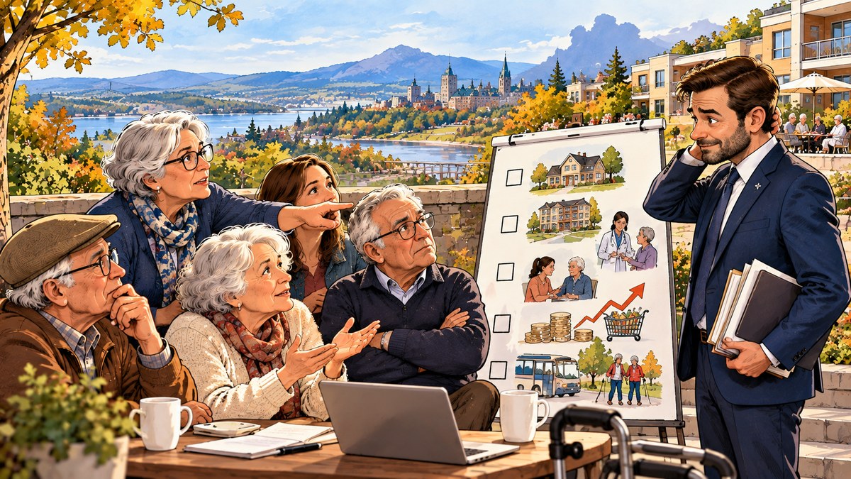Illustration d'un groupe d'aînés et d'une proche aidante autour d'une table, écoutant un conseiller présenter des enjeux liés au logement, aux soins et au transport, avec le fleuve Saint-Laurent en arrière-plan.