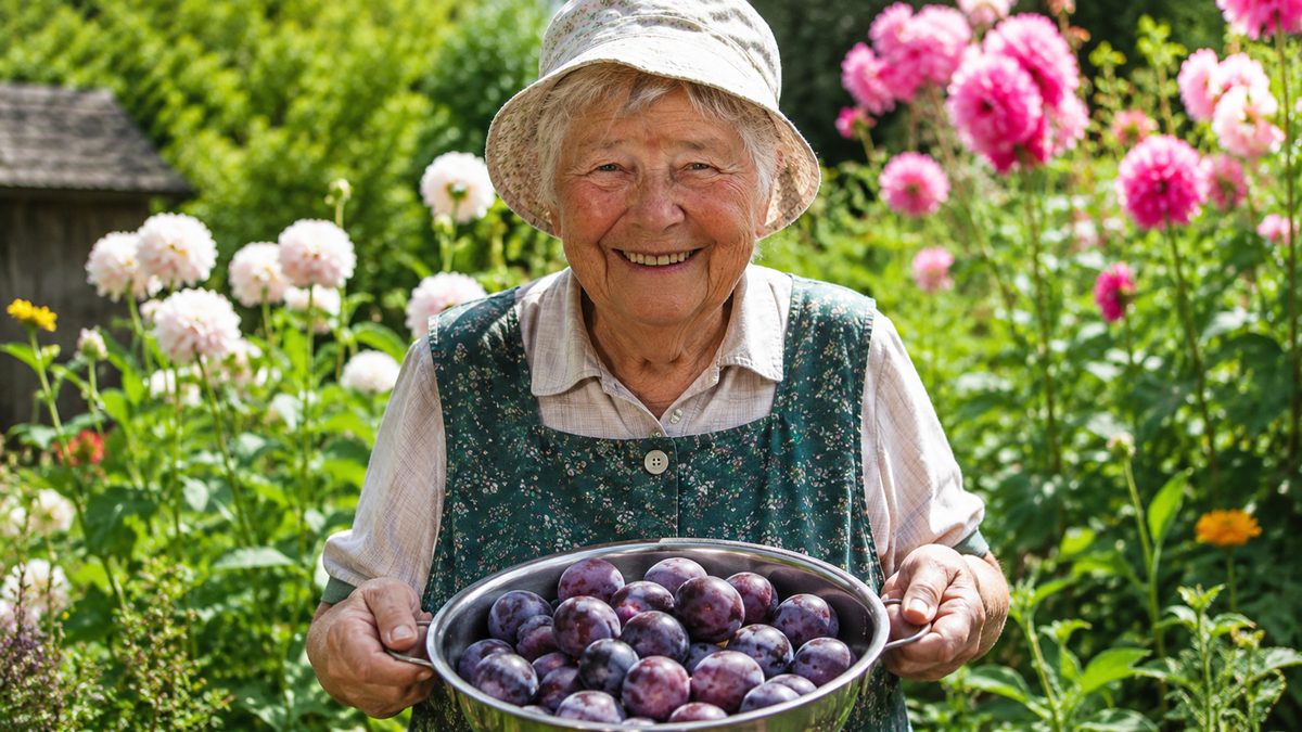 Une dame âgée souriante dans son jardin fleuri, tenant un bol de prunes fraîchement cueillies.