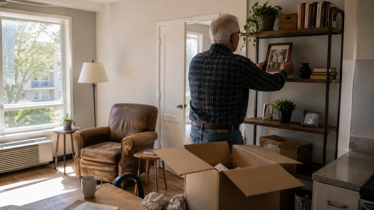 Un homme âgé vu de dos dépose une photo encadrée sur une étagère de son nouveau logement, des boîtes ouvertes autour de lui.