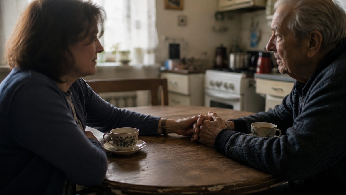 Une femme tient les mains de son père âgé, tous deux attablés devant des tasses de thé dans une cuisine familiale.