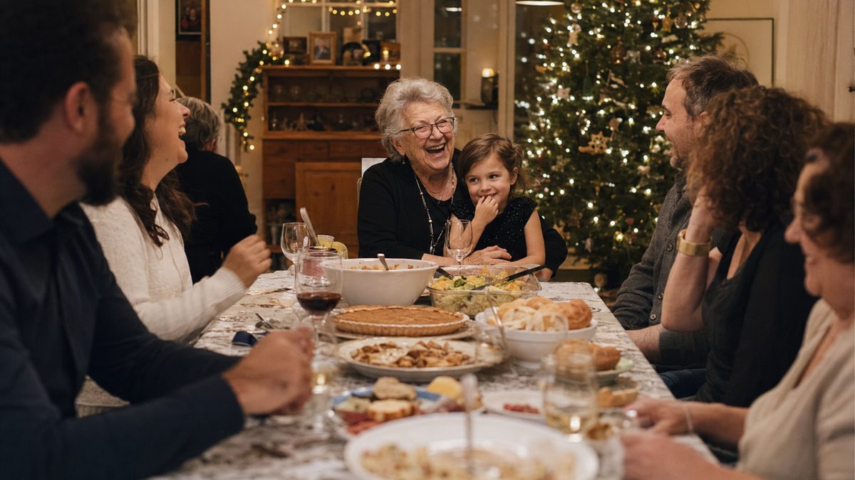 Une grand-maman rit avec sa petite-fille sur ses genoux pendant un repas des Fêtes en famille, sapin illuminé derrière elles.