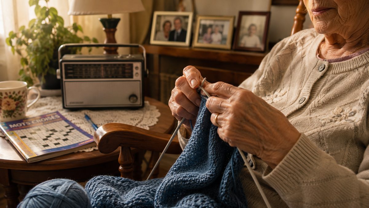 Gros plan sur les mains d'une dame âgée qui tricote de la laine bleue dans sa chaise berçante, une radio et des mots croisés à côté d'elle.
